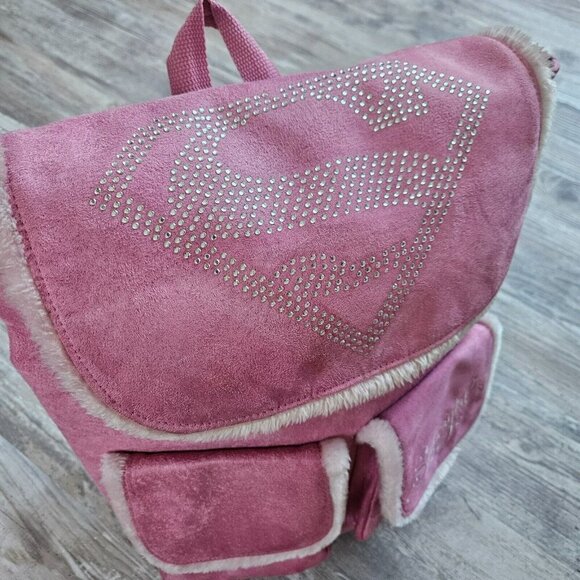 Supergirl Pink Faux Suede Backpack W/ Rhinestone Logo Furry Trim Bling Superhero - Picture 10 of 16